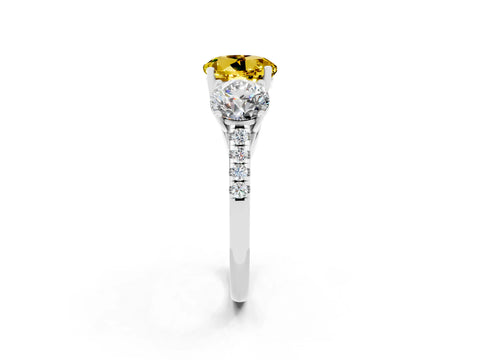 White gold Three-Stone Round Cut Yellow Sapphire Ring with Pavé Band and Prong Setting_38