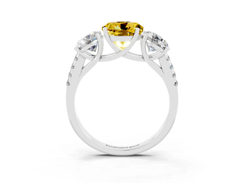 White gold Three-Stone Round Cut Yellow Sapphire Ring with Pavé Band and Prong Setting_39