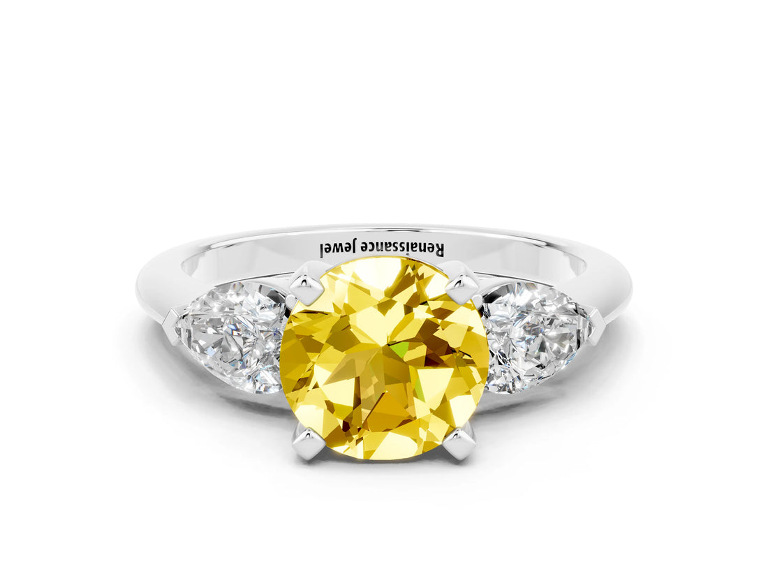 White gold Three-Stone Round Cut Yellow Sapphire Ring with Pear Side Stones and Four-Prong Setting_43