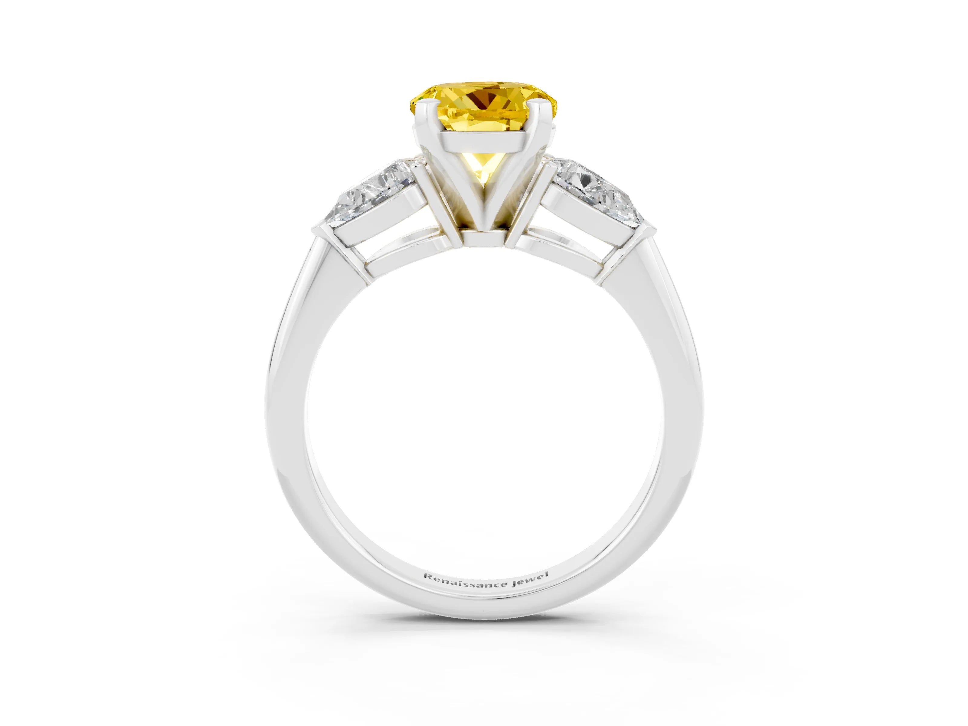 White gold Three-Stone Round Cut Yellow Sapphire Ring with Pear Side Stones and Four-Prong Setting_51