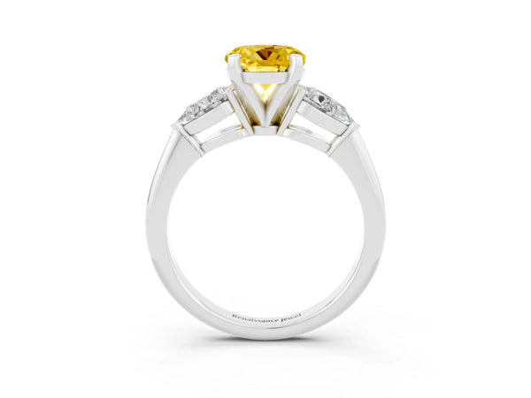 Silver Three-Stone Round Cut Yellow Sapphire Ring with Pear Side Stones and Four-Prong Setting