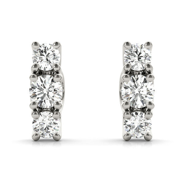 White gold Three-Stone Round Diamond Channel Band Prong-Set Earrings 2
