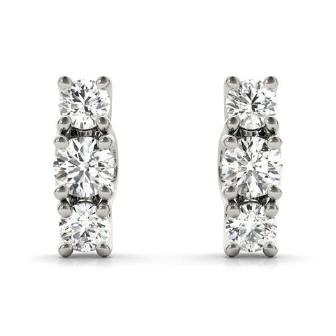 14K White Gold Three-Stone Round Diamond Channel Band Prong-Set Earrings