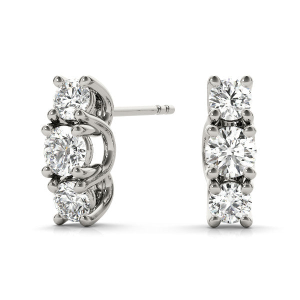 White gold Three-Stone Round Diamond Channel Band Prong-Set Earrings