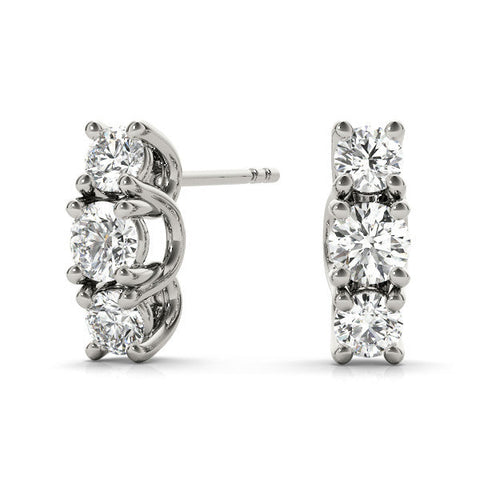 14K White Gold Three-Stone Round Diamond Channel Band Prong-Set Earrings