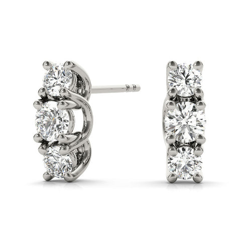 White gold Three-Stone Round Diamond Channel Band Prong-Set Earrings