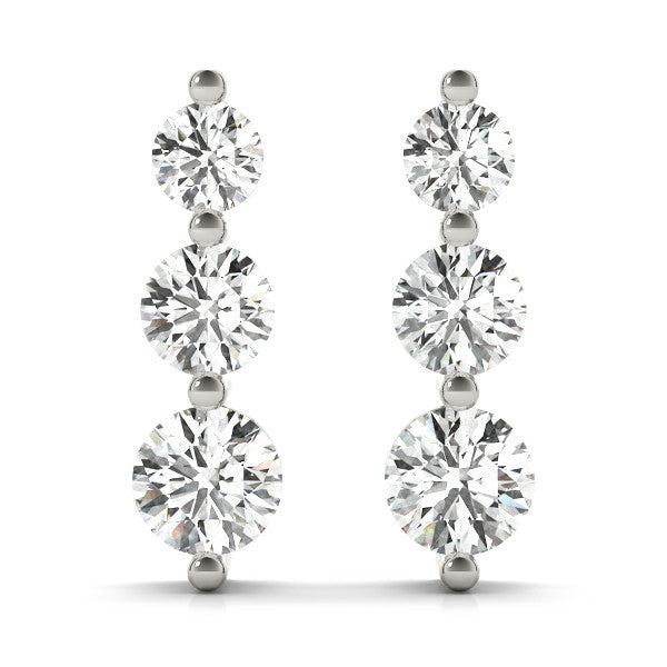 White gold Three-Stone Round Diamond Drop Earrings with Prong Setting on White Gold 1