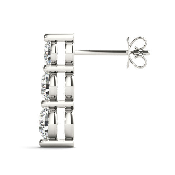 White gold Three-Stone Round Diamond Drop Earrings with Prong Setting on White Gold 2