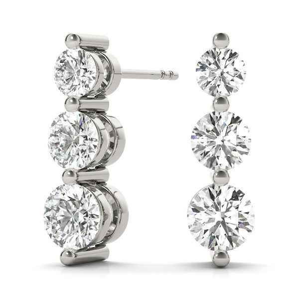 White gold Three-Stone Round Diamond Drop Earrings with Prong Setting on White Gold