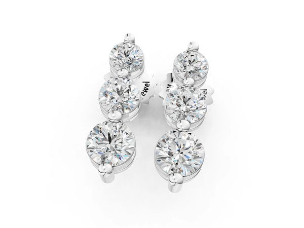 Silver Three-Stone Round Diamond Drop Earrings with Prong Setting on Silver