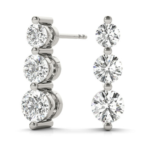 White gold Three-Stone Round Diamond Drop Earrings with Prong Setting on White Gold
