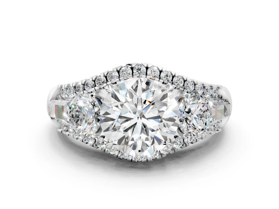 White gold Three-Stone Round Diamond Engagement Ring with Pave Band and Prong Setting