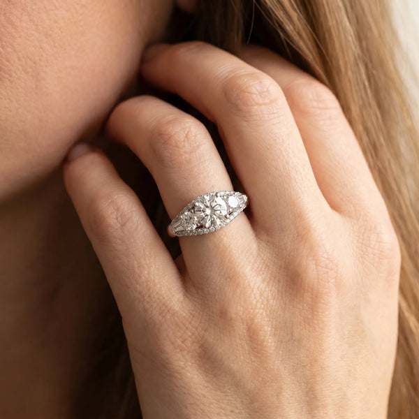 White gold Three-Stone Round Diamond Engagement Ring with Pave Band and Prong Setting