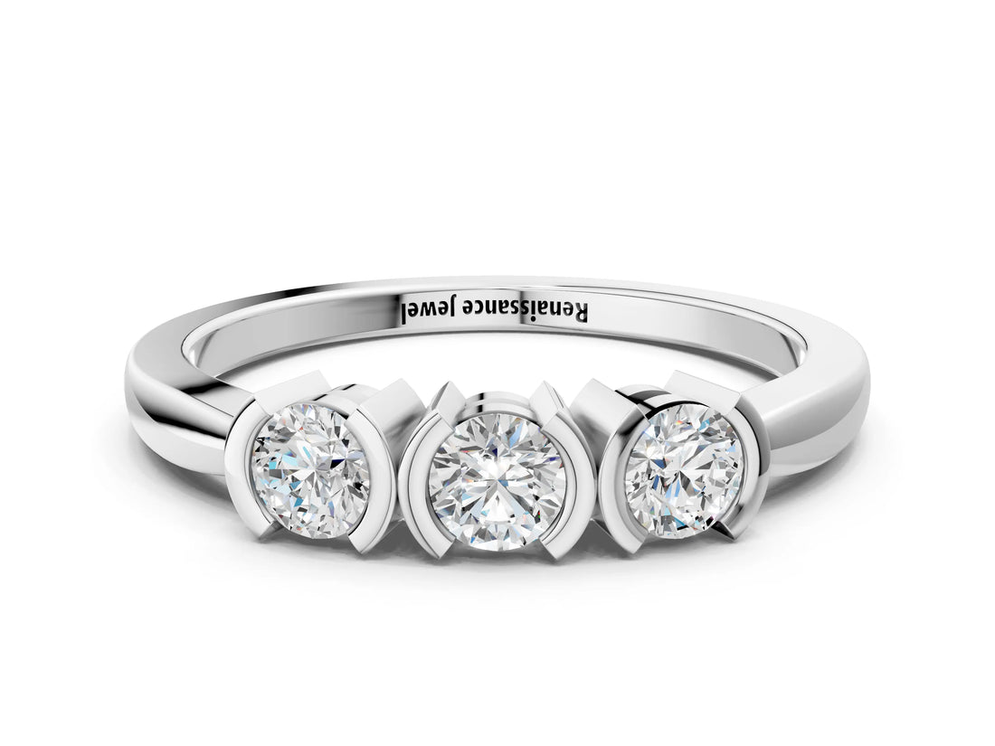 White gold Three-Stone Round Diamond Half Bezel Prong Band_12