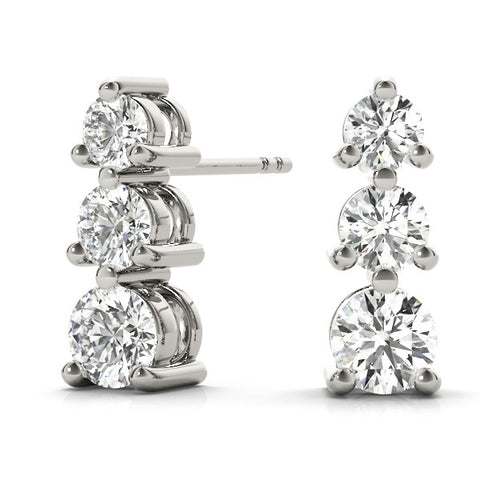 White gold Three-Stone Round Diamond Prong-Set Drop Earrings 2