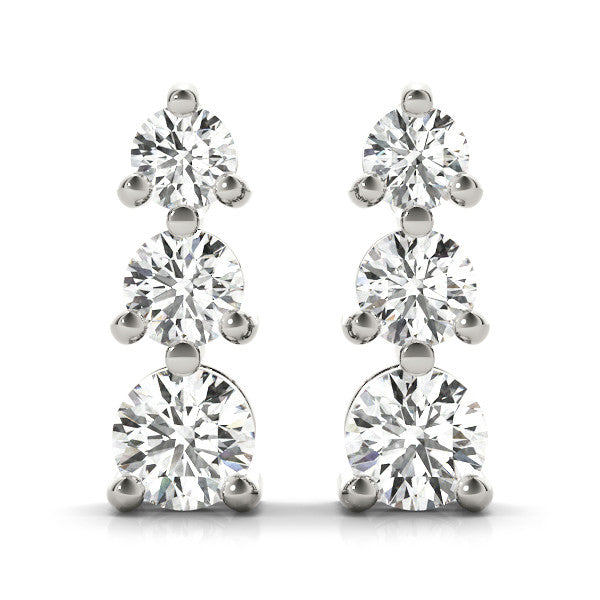 White gold Three-Stone Round Diamond Prong-Set Drop Earrings