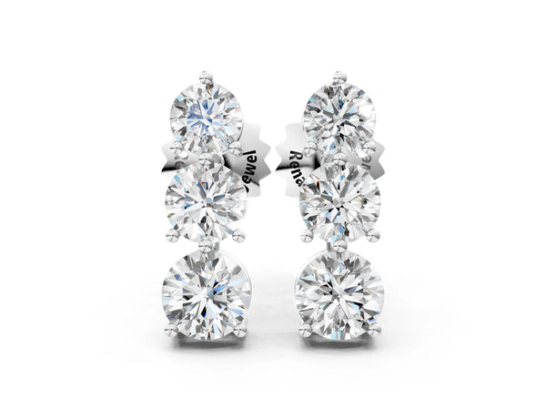 Silver Three-Stone Round Diamond Prong-Set Drop Earrings