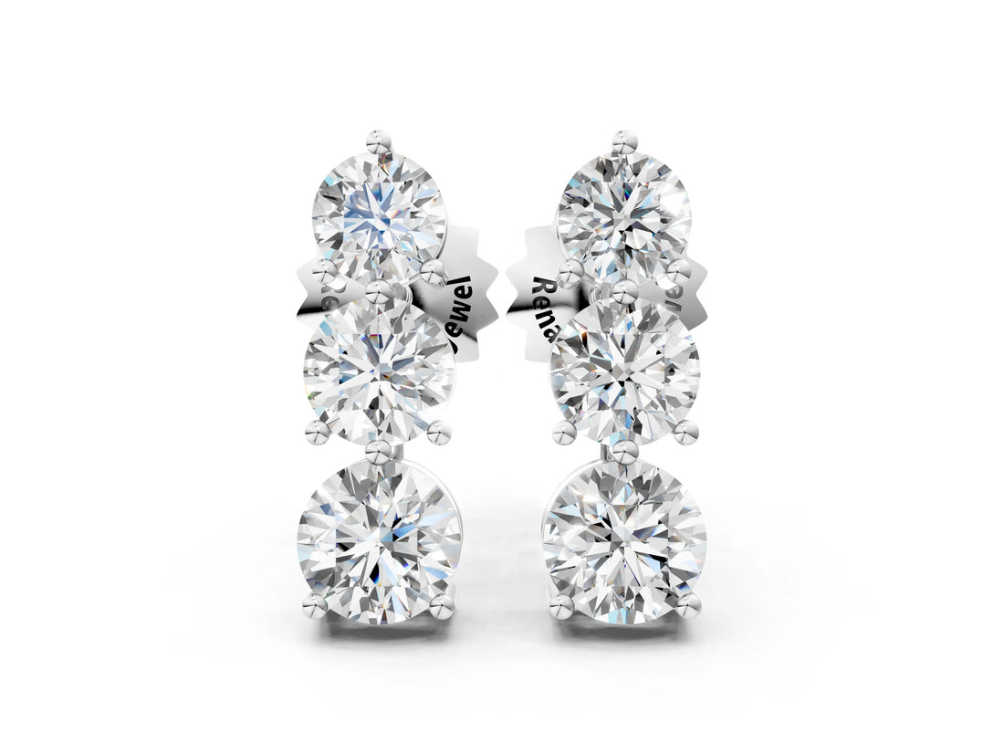 Silver 2.15 Carat E VS Three-Stone Round Diamond Prong-Set Drop Earrings