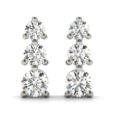 White gold Three-Stone Round Diamond Prong-Set Drop Earrings