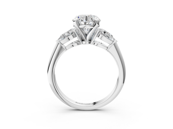 White gold Three-Stone Round Cut Diamond Ring with Pear Side Stones and Four-Prong Setting