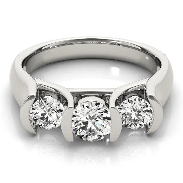 White gold Three-Stone Round Diamond Trellis Engagement Ring with Channel-Set Band
