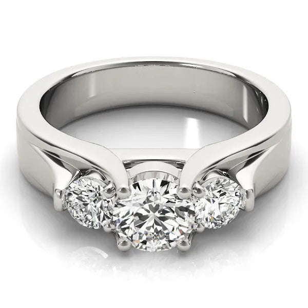 White gold Three-Stone Round Diamond Trellis Engagement Ring with Split Shank Band