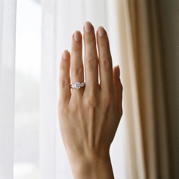 White gold Three-Stone Round Diamond Trellis Engagement Ring with Split Shank Band
