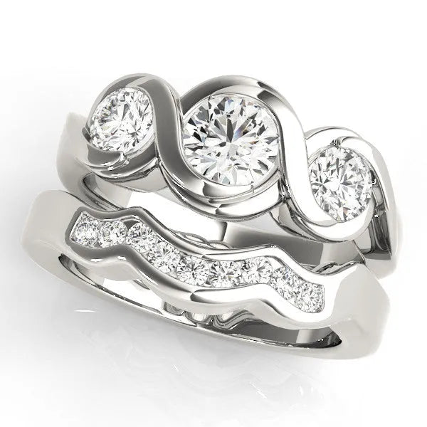White gold Three-Stone Round Diamond Wave Band with Bezel Setting