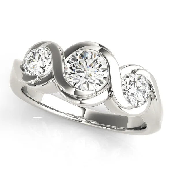 White gold Three-Stone Round Diamond Wave Band with Bezel Setting