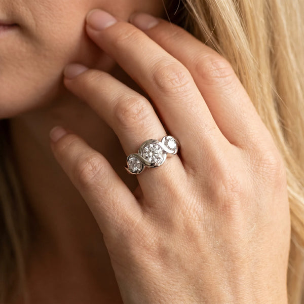 White gold Three-Stone Round Diamond Wave Band with Bezel Setting