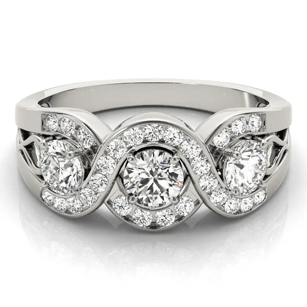 White gold Three-Stone Round Diamond Wave Pave Band with Prong Setting