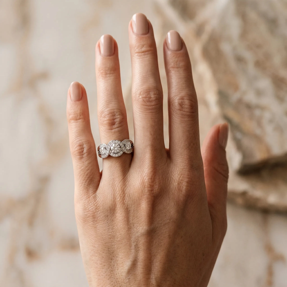 White gold Three-Stone Round Diamond Wave Pave Band with Prong Setting_24