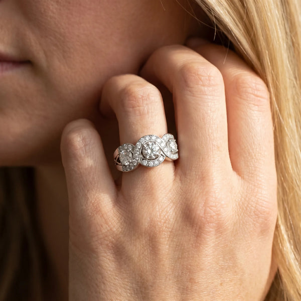 White gold Three-Stone Round Diamond Wave Pave Band with Prong Setting