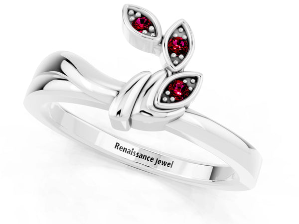 White Gold Round Garnet Three Stone Leaf Bypass Wedding Band with Ribbed Wrap