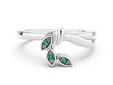 White gold Three-Stone Round Green Sapphire Leaf Bypass Ring with Bezel Setting_6