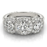 White gold Three-Stone Round Halo Diamond Milgrain Band with Four-Prong Setting 1