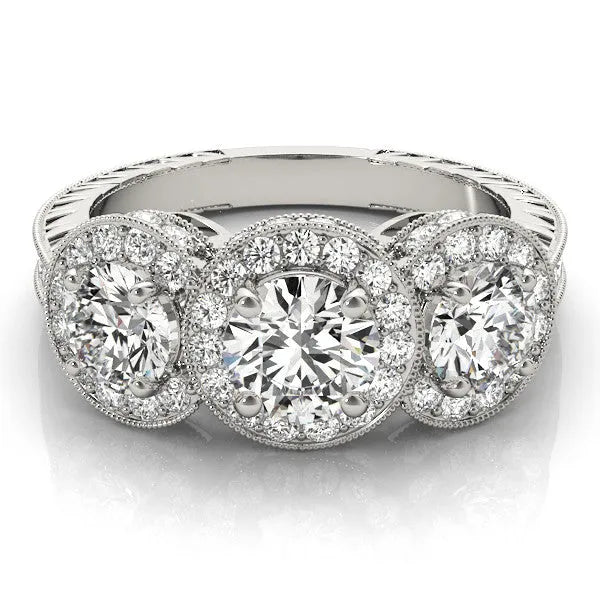 White gold Three-Stone Round Halo Diamond Milgrain Band with Four-Prong Setting