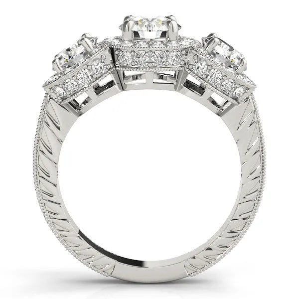White gold Three-Stone Round Halo Diamond Milgrain Band with Four-Prong Setting