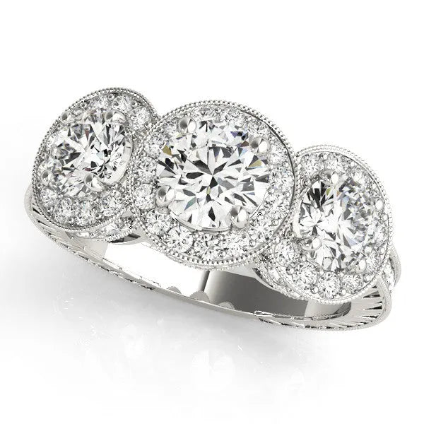 White gold Three-Stone Round Halo Diamond Milgrain Band with Four-Prong Setting