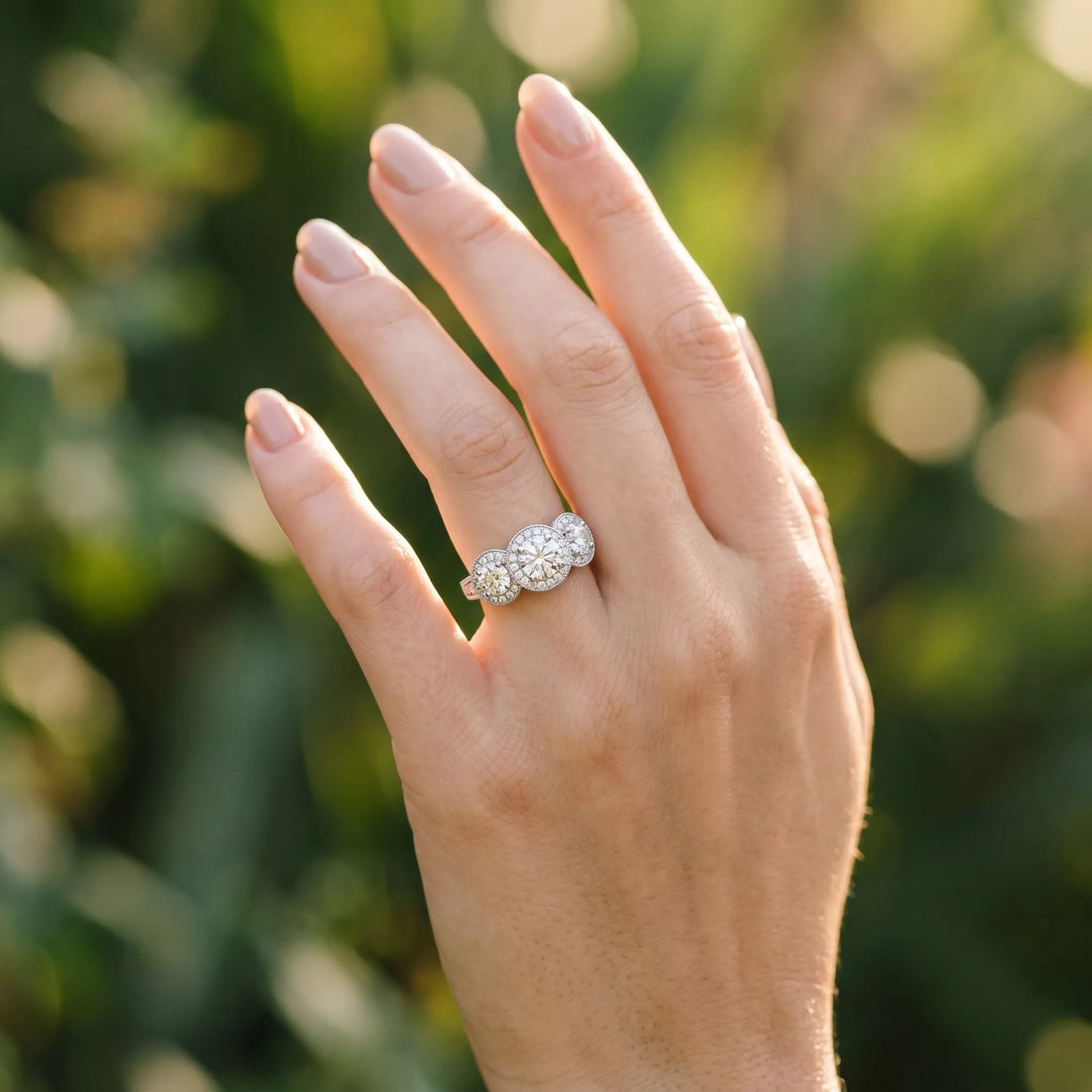 White gold Three-Stone Round Halo Diamond Milgrain Band with Four-Prong Setting_25