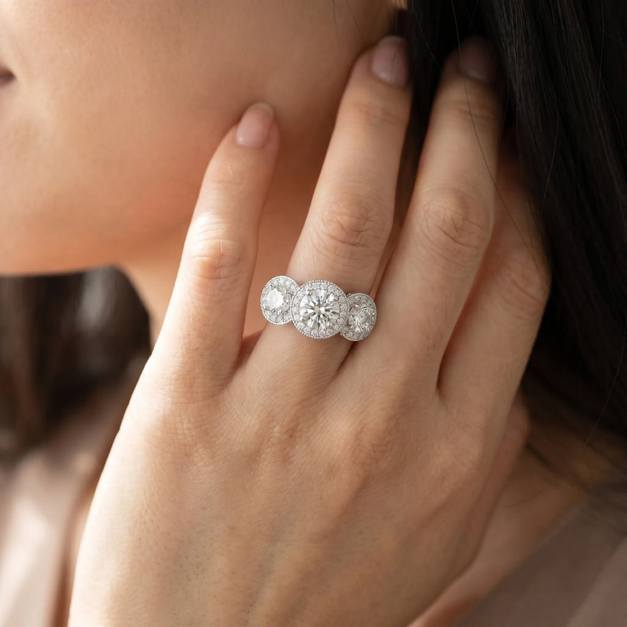 White gold Three-Stone Round Halo Diamond Milgrain Band with Four-Prong Setting