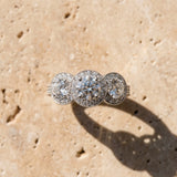 White gold Three-Stone Round Halo Diamond Milgrain Band with Four-Prong Setting_28