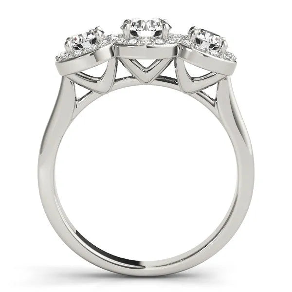White gold Three-Stone Round Halo Diamond Ring with Pavé Band and Prong Setting