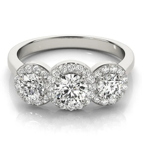 White gold Three-Stone Round Halo Diamond Ring with Pavé Band and Prong Setting