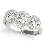 White gold Three-Stone Round Halo Diamond Ring with Pavé Band and Prong Setting