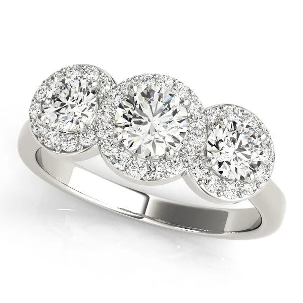 White gold Three-Stone Round Halo Diamond Ring with Pavé Band and Prong Setting