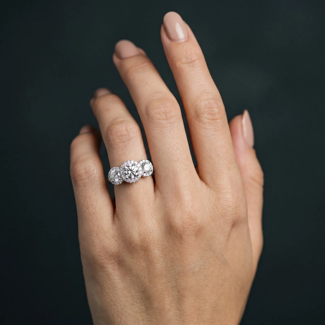 White gold Three-Stone Round Halo Diamond Ring with Pavé Band and Prong Setting_27