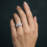 White gold Three-Stone Round Halo Diamond Ring with Pavé Band and Prong Setting_27