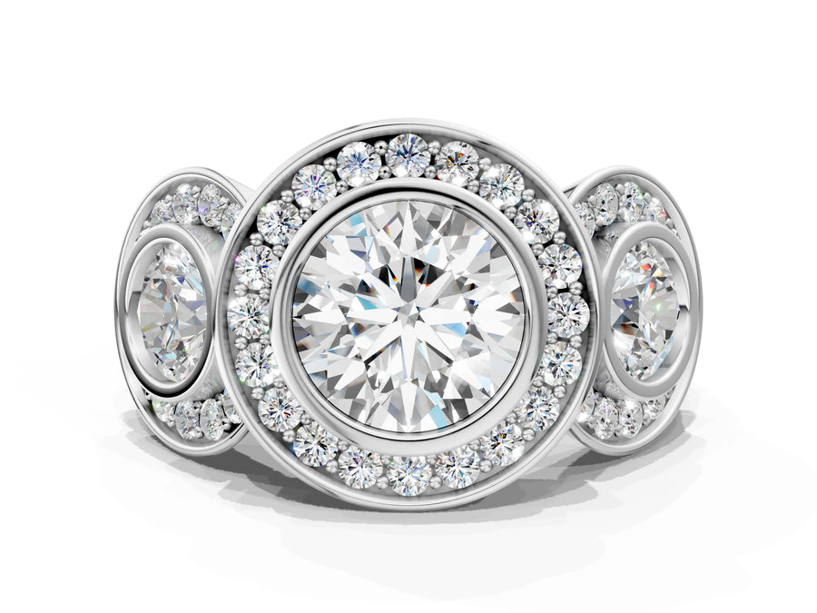 White gold Three-Stone Round Halo Pavé Diamond Ring