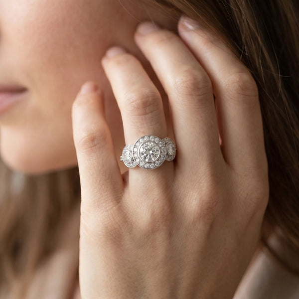 Platinum Oval Bezel Three Stone Halo Engagement Ring Setting with Pave Shoulders